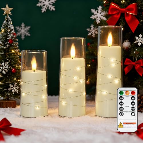 Raycare Flameless Candle with Remote Timer, 3 Flickering Acrylic Battery Operated LED Pillar Candles with Embedded Star St...