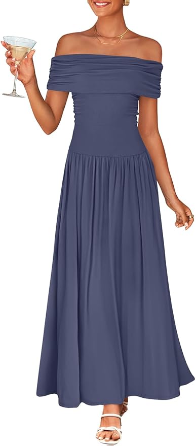 ZESICA Women's Off The Shoulder Maxi Dress 2026 Summer Sleeveless Casual Slim Swing Pleated Formal Party Dresses