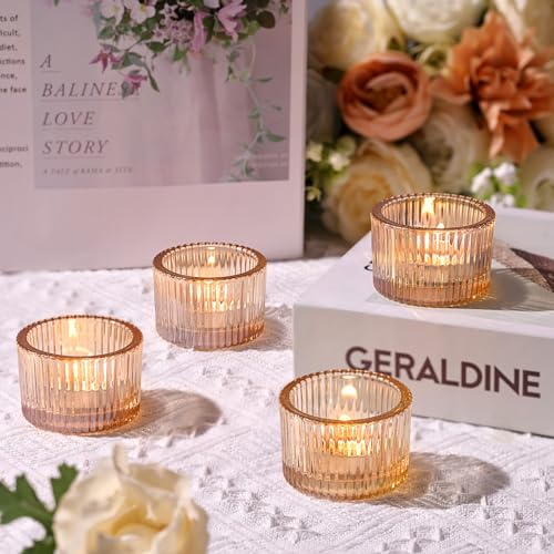 HAVITI 24 pcs Tealight Gold Candle Holders, Votive Tea Light Candle Holder Glass for Gold Centerpieces Fall Wedding Table ...