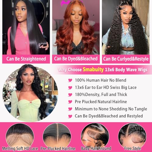 13x6 Body Wave Lace Front Wigs Human Hair HD Transparent Lace Front Wigs Human Hair 180 Density Glueless Frontal Wig for Women Pre Plucked with Baby Hair 22 Inch