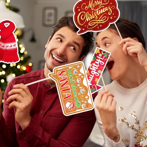 Christmas Photo Booth Props Kit, 24Pcs Fun Photo Props & Selfie Frame for Christmas Photos Decoration, Funny Santa & Ginge...