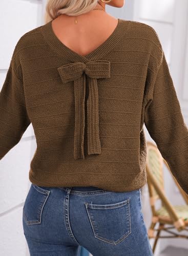 EVALESS Sweaters for Women Long Sleeve Fall Outfits 2025 Back Bow Knot Sweaters Round Neck Solid Knit Pullover Tops