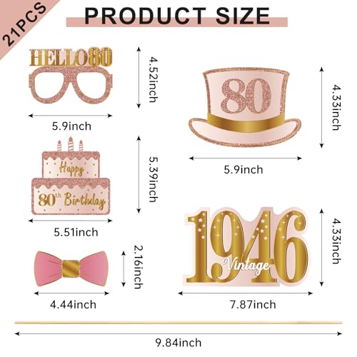 Kuxriox 21Pcs 80th Birthday Photo Booth Props for Women, Pink Rose Gold Vintage 1946 80 Birthday Selfie Props Kit with Sti...