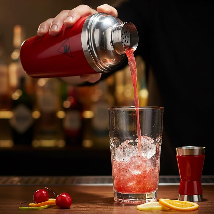 GOLD TAIL Cocktail Shaker Set 17oz – Red Stainless Steel Cobbler Shaker with Jigger, Leak-Proof & Non-Slip Base – Premium ...