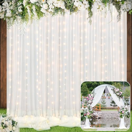 BBTO 2 Panels White Tulle Backdrop Curtain with Lights String for Parties Wedding Bridal Shower Sheer LED White Curtain Ba...