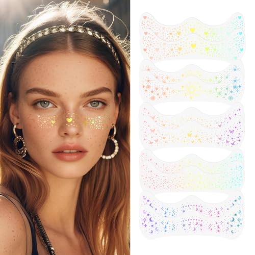 YGQQOY Holographic Glitter Freckles, Glitter Freckles Face Tattoo,Sparkle Makeup Patches,Face Glitter for Hallowmas Christ...