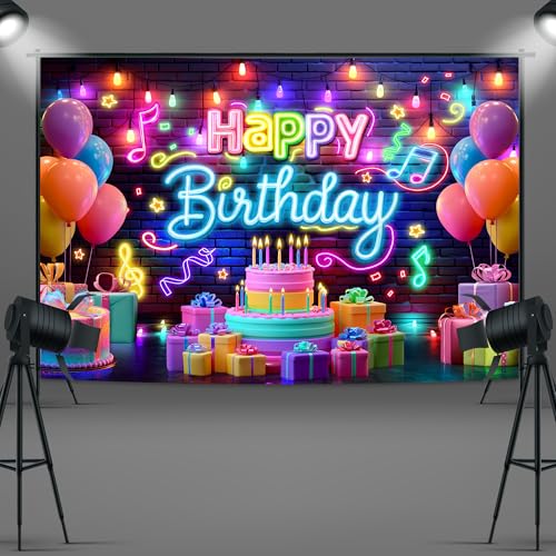 Imirell Neon Happy Birthday Backdrop 7Wx5H Feet Music Party Graffiti Splash Paint Colorful Notes Lights Brick Wall Polyest...