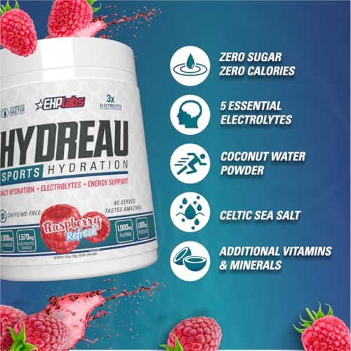 EHP Labs Hydreau Electrolytes Powder No Sugar - Hydration Powder for Endurance & Energy - Electrolyte Powder for Men & Wom...