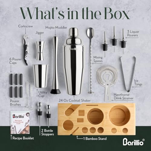 Barillio Bartender Kit - Stainless-Steel Cocktail Shaker Set w/Bamboo Stand - Mixology Bar Tools w/Drink Shaker, Mixer Spo...