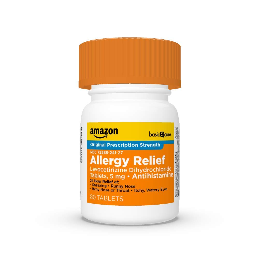 Amazon Basic Care 24 Hour Allergy Relief, Levocetirizine Dihydrochloride Tablets, 5 mg Antihistamine for Sneezing, Runny Nose, Itchy Nose or Throat and Itchy, Watery Eyes, 80 Count Pack