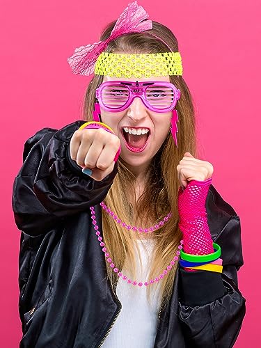 Shinymoon 54 Pcs 80s Accessories for Women Neon Tutu Skirts Light Shutter Glasses Holographic Fanny Pack Lace Headband Ear...