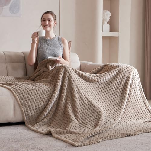 Serenhom Soft Cozy Fuzzy Fleece Throw Blanket, Waffle Light Taupe, 50x60 Inches – Lightweight, Fluffy, and Warm 3D Jacquar...