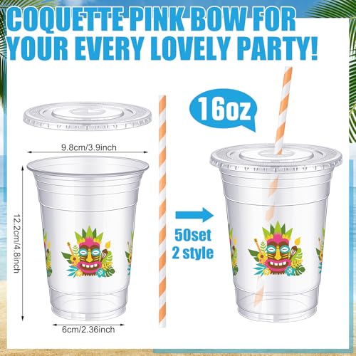 Jingmore 50 Pcs 16 oz Tiki Bar Plastic Cups Bulk with Lids and Straws Disposable Tropical Clear Drinking Cups for Tiki Bar...