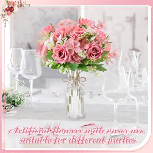 Thiccywoov 36 Pack Artificial Mini Rose Flowers with Vase Bulk, 24 Bundles Silk Rose Flower Artificial Bouquet 12 Plastic ...