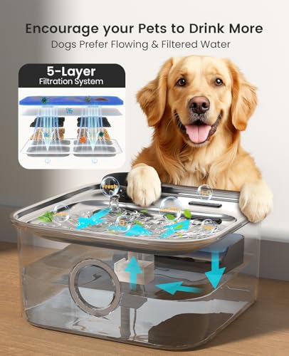 oneisall Dog Water Fountain, 2.6Gal/10L Stainless Steel Dog Water Bowl Dispenser with Deeper Drinking Aera & Washable Filt...
