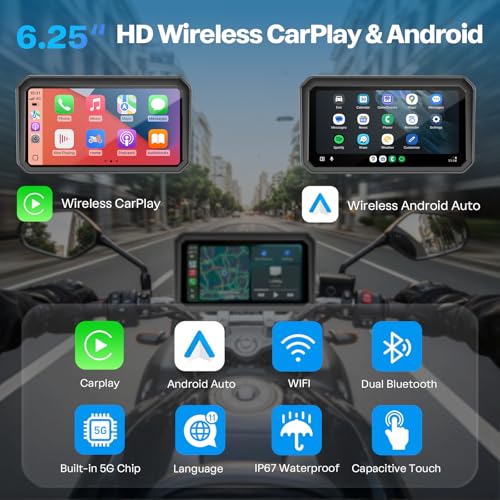 WonVon 6.25 Inch Wireless Motorcycle Carplay GPS Navigation System with Apple Carplay and Android Auto Portable Screen wit...