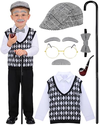 Vivrerizo Old Man Costume for Kids - 7 Pcs Boys 100 Days of School Costume for Grandpa Outfit Dress Up Cosplay
