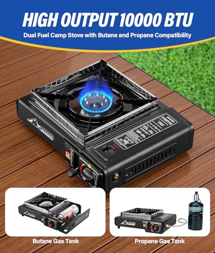 WADEO Dual Fuel Portable Camping Stove with Propane Regulator Hose, Portable Gas Stove Windshield Camp Stove for Camping H...