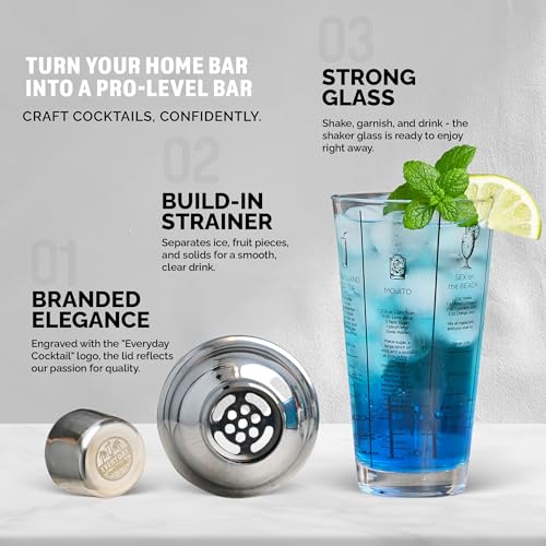 EVERYDAY COCKTAIL - Professional Glass Cocktail Shaker 14 oz, Martini Shaker with Recipes and Measurements, Built-in Strai...