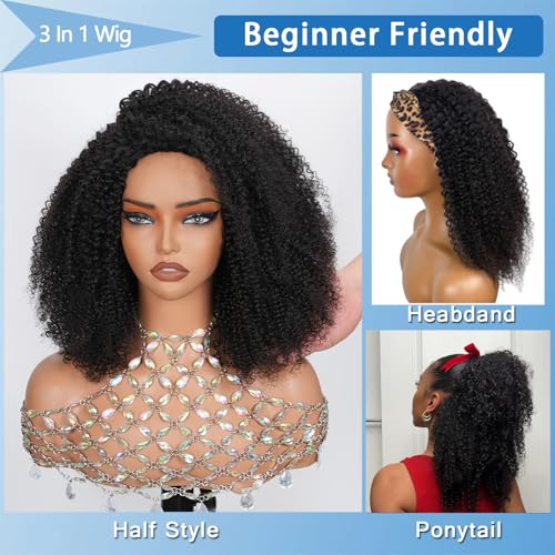Kinky Curly Half Wig Human Hair 16 inch 200% Density 3 In 1 Glueless Wear Go Half Wigs for Women Drawstring Seamless Flip Headband Wig Beginner Friendly