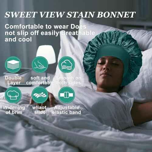 4PCS Silk Satin Bonnets for Black Women & Men - Elastic Wide Band Hair Wrap Cap for Curly Hair - Shower Cap for Sleeping (Black, Peacock Blue, Pink, Khaki)
