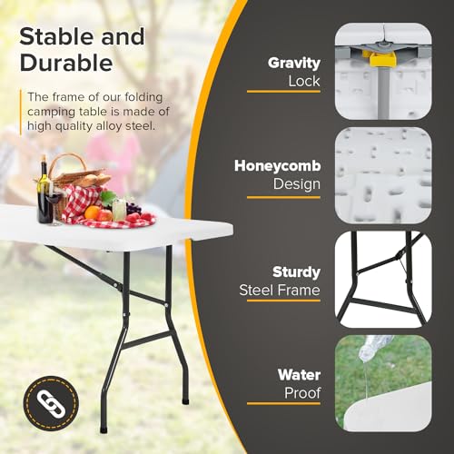 Dopinmin Folding Table 6FT Portable Heavy Duty Plastic Camping Table Foldable Tables Plastic Dining Tables Indoor Outdoor ...