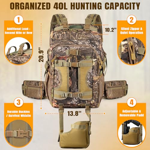 laapee Hunting Backpack 40L for Men, Tactical Camo Bow Rifle Backpack with Removable Waist Belt, PALS/MOLLE System, Waterp...
