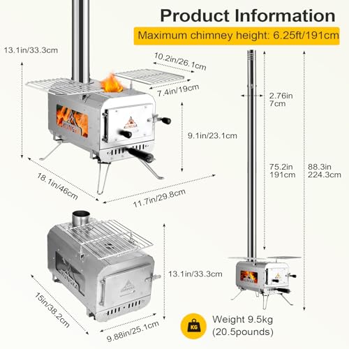 KUNGKA Tent Stove, 7.3ft height Portable Wood Burning Stove, Small Stainless Steel Hot Tent Stove with 6 Chimney Pipes for...