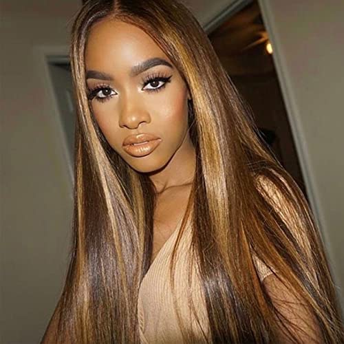 Lemoda Outlet Deals 13x6 Highlight Ombre Lace Front Wig Human Hair 180 Density 20 Inch Straight Transparent Lace Pre Plucked Honey Blonde Human Hair Wigs for Women P4/27 Color
