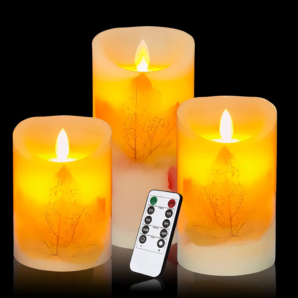 Mivitoom Maple Leaf Flameless Candles Flickering Battery Operated Decorative Candles Set Pack Of 3(D: 3 X H: 4 5 6) Led Candles