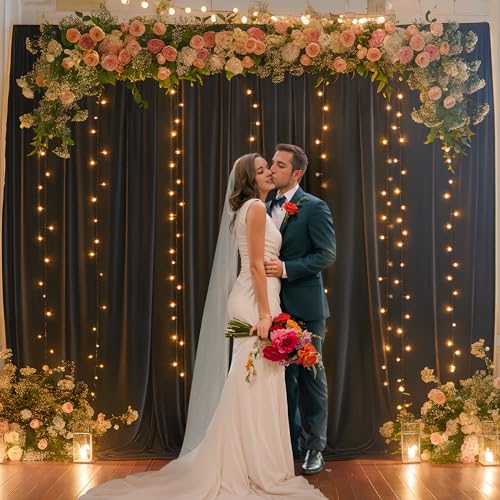 Black Backdrop Curtain with Lights String for Parties,10x10FT Wrinkle Free Black Drapes Wedding Photo Backdrop Curtains fo...