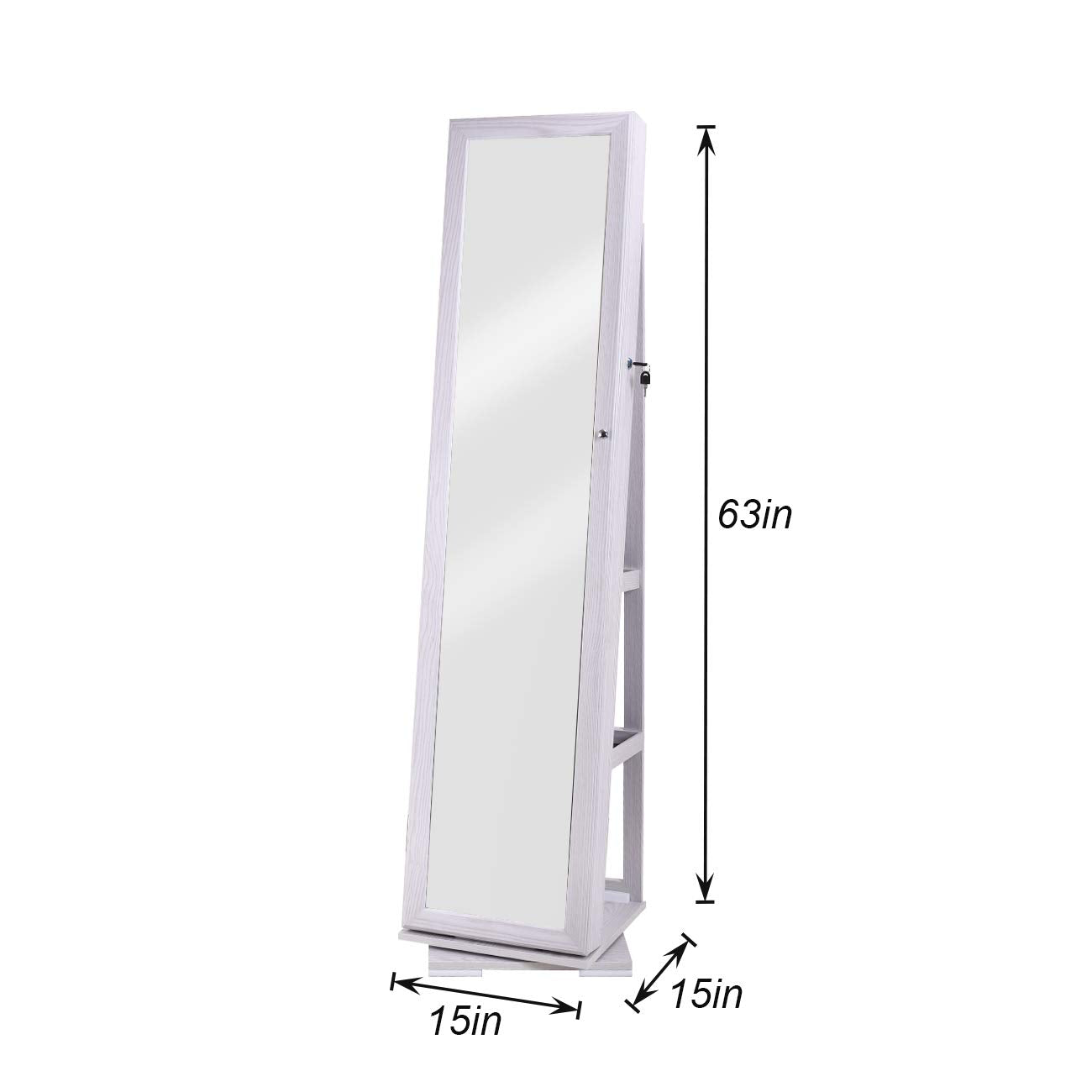 sogesfurniture Lockable Floor Standing Wooden Jewelry Armoire with Full Length Mirror 360°Rotatable Jewelry Organizer Cabinet Lockable with Storage Shelf, White BHUS-QH-7021C