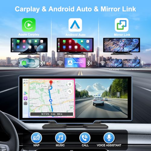 Wireless Carplay Screen for Car 1080p Backup Camera, 10.26" Portable Car Play & Android Auto Touch Screen with 4K Dash Ca...