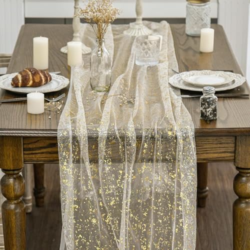 Artoid Mode Beige Gold Gauze Table Runner 120 Inch 10FT, Glitter Metallic Foil Sheer Dining Wedding Anniversary Holiday Bi...