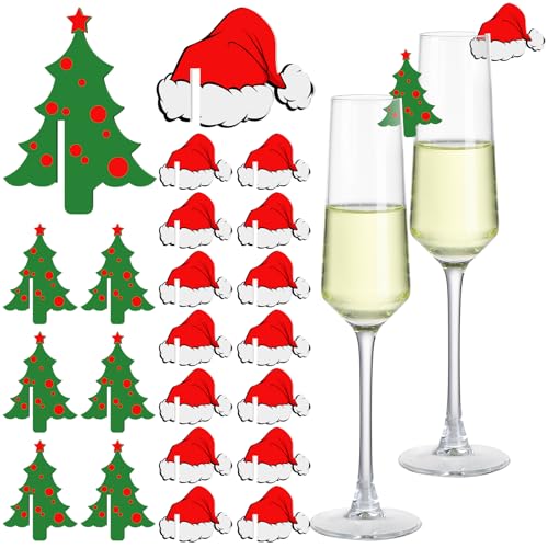 Colingmill 50 Pcs Christmas Tree Santa Hat Drink Markers Christmas Drink Garnish Acrylic Reusable Wine Glass Charms for Xm...