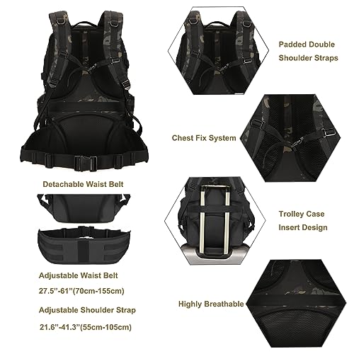 HRTACPAG 50L Military Tactical Backpack Molle Rucksack Large Army 3 Day Assault Pack Heavy Duty Backpack for Men (Black Camo)