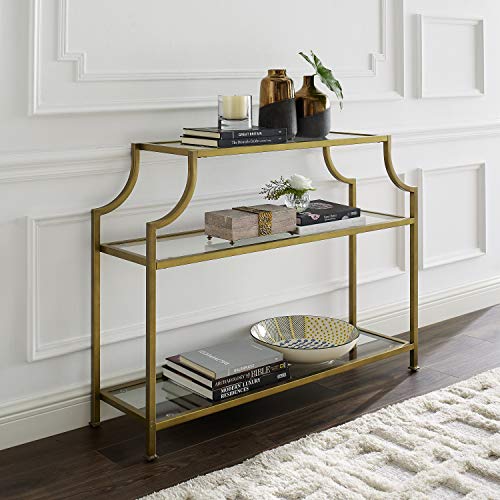 Crosley Furniture Aimee Sofa Console Table with Storage Shelves for Hall, Entryway, or Living Room, Gold and Glass