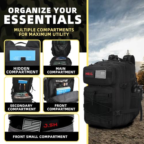 J.SH 45L Military Tactical Backpack Gym Bag Black Assault Bag Hiking Backpack for Men and Women with Bottle Holder - 45L B...