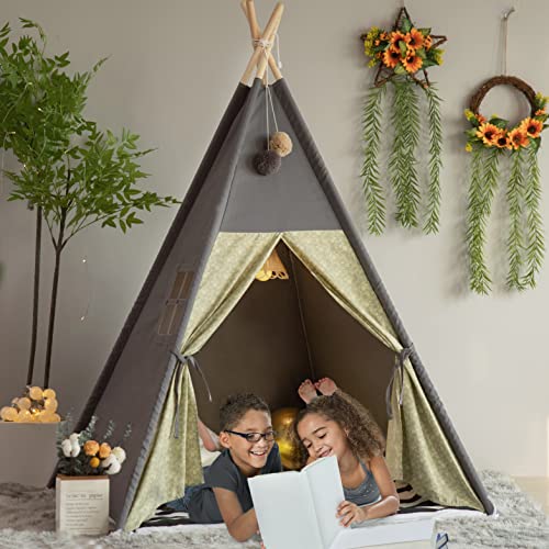 TreeBud Teepee Tent for Kids Stripe Padded Mat Foldable Dark Tone Grey Play Tents for Girl and Boy with Carry Case Wooden ...