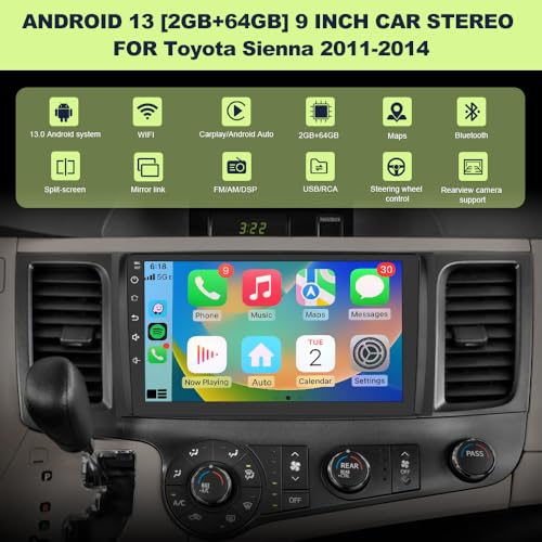 Pyniro 2G+64G Car Radio Stereo for Toyota Sienna 2011-2014 9 Inch Android 13 Head Unit Touchscreen with CarPlay Android Au...