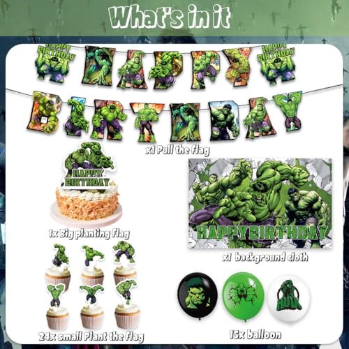 42pcs Hulks Birthday Party Supplies Pack Includes，Banner，Cake Topper，Blackdrop,Balloons for Hulks party Decoration