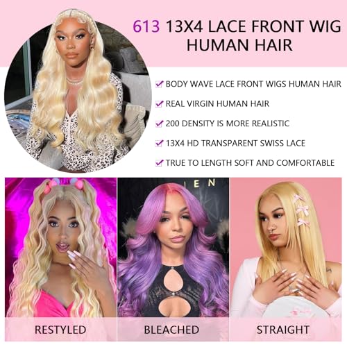 613 13x4 Lace Front Wig Human Hair 200 Density 22 Inch Body Wave Blonde HD Lace Front Wigs Human Hair Pre Plucked with Melted Hairline Tiny Knots Soft Texture Tangle Free Shedding Free Triple Lifespan