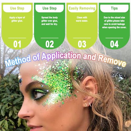 Laza 2 Jars St. Patrick’s Day Body Glitter Iridescent Chunky Sequins with Glitter Glue Women Eyeshadow Makeup Face Paint F...