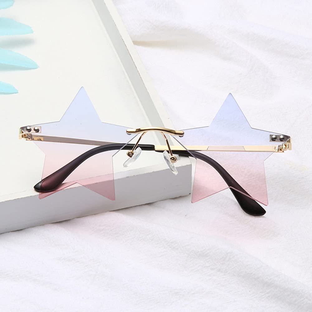 Star Rimless Sunglasses Women/Men Unique Pentagram Party glasses Prom Streetwear (pink/blue)