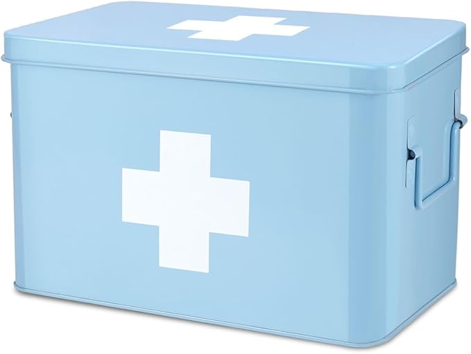 Flexzion First Aid Box Organizer Empty 13" Blue Vintage First Aid Kit Tin Metal Medical Box - First Aid Storage Box Contai...