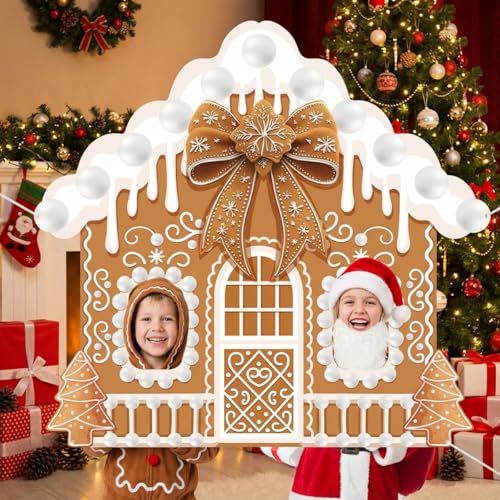 Panelee Christmas Gingerbread House Photo Booth Props Gingerbread Life Size Door Banner Decorations Fabric Backdrop for Xm...