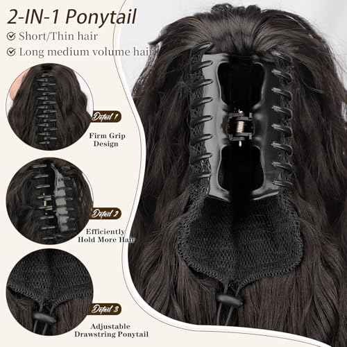 ORSUNCER Claw Long Wavy Ponytail Extension Black Brown 30" Curly Pony Tail Clip in Hair Extensions for Women fluffy Natural Looking Synthetic Hairpiece for Daily Use