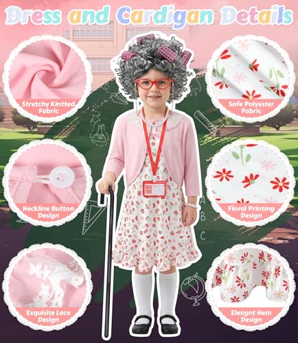 VGOFUN Old Lady Costume for Kids,100 Days of School Costume for Girls,100th Day Grandma Costume Granny Cosplay Dress Up Ou...