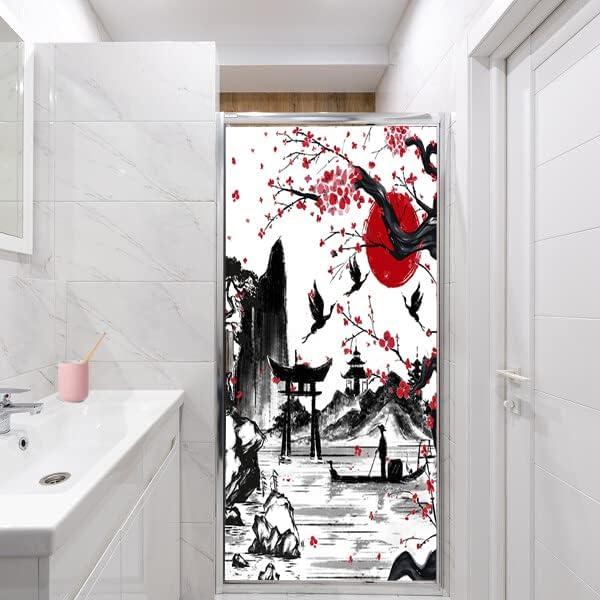 Vintage Japanese Style Decorative Window Film Abstract Ink Japanese Landscape Torii Gatekids Blackout Window Film,Cafe Lighted Window Film 23.6Wx47.2L-Inch X1Pcs