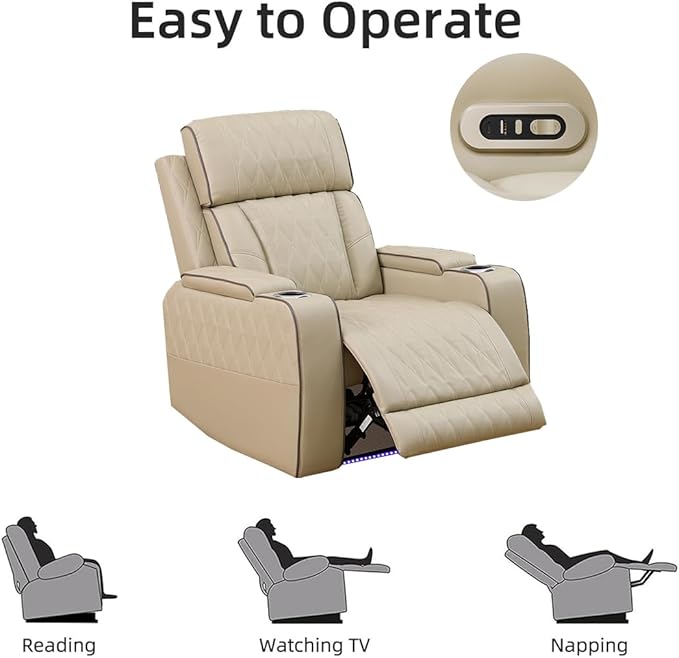 Toseslo Power Recliner Loveseat Set, Beige Leather Reclining Sofa Sectional Couch, 2 Seater Reclining Couches, Living Room Furniture Sets, Reclining Sofa with Cup Holders/Storage Console for House